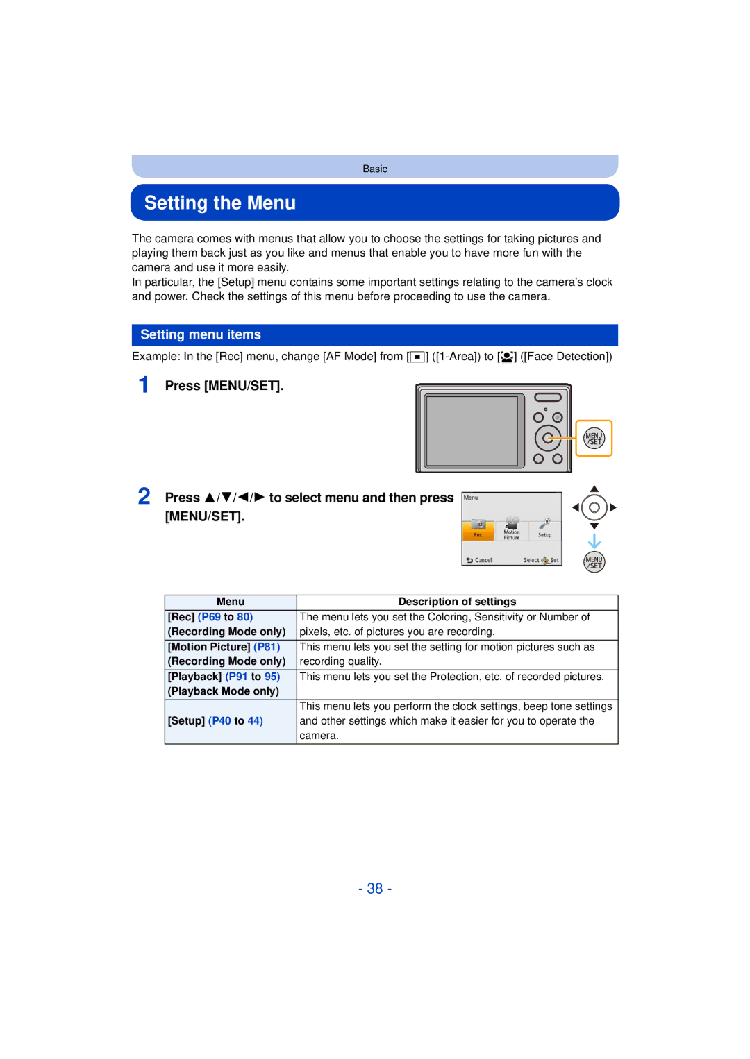 Panasonic DMCFH10P, DMC-XS1, DMCXS1R, DMC-FH10 owner manual Setting the Menu, Setting menu items, Playback Mode only 