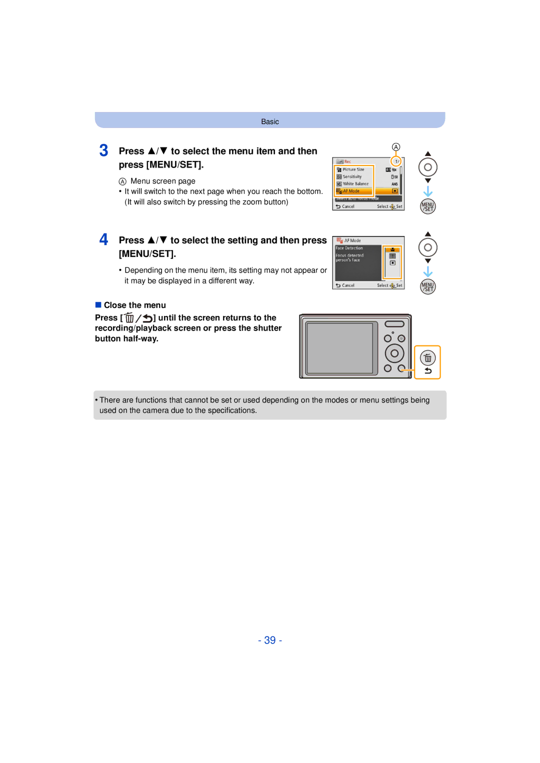 Panasonic DMC-FH10, DMC-XS1, DMCXS1R, DMCFH10P owner manual Press 3/4 to select the menu item and then press MENU/SET 