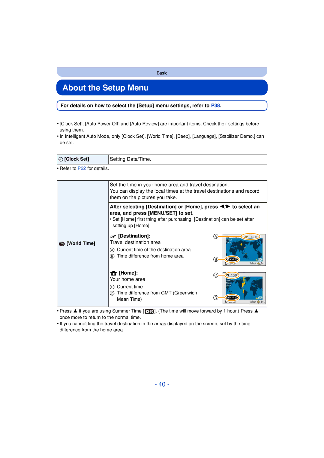 Panasonic DMC-XS1 About the Setup Menu, Setting Date/Time, Destination Travel destination area, Home Your home area 