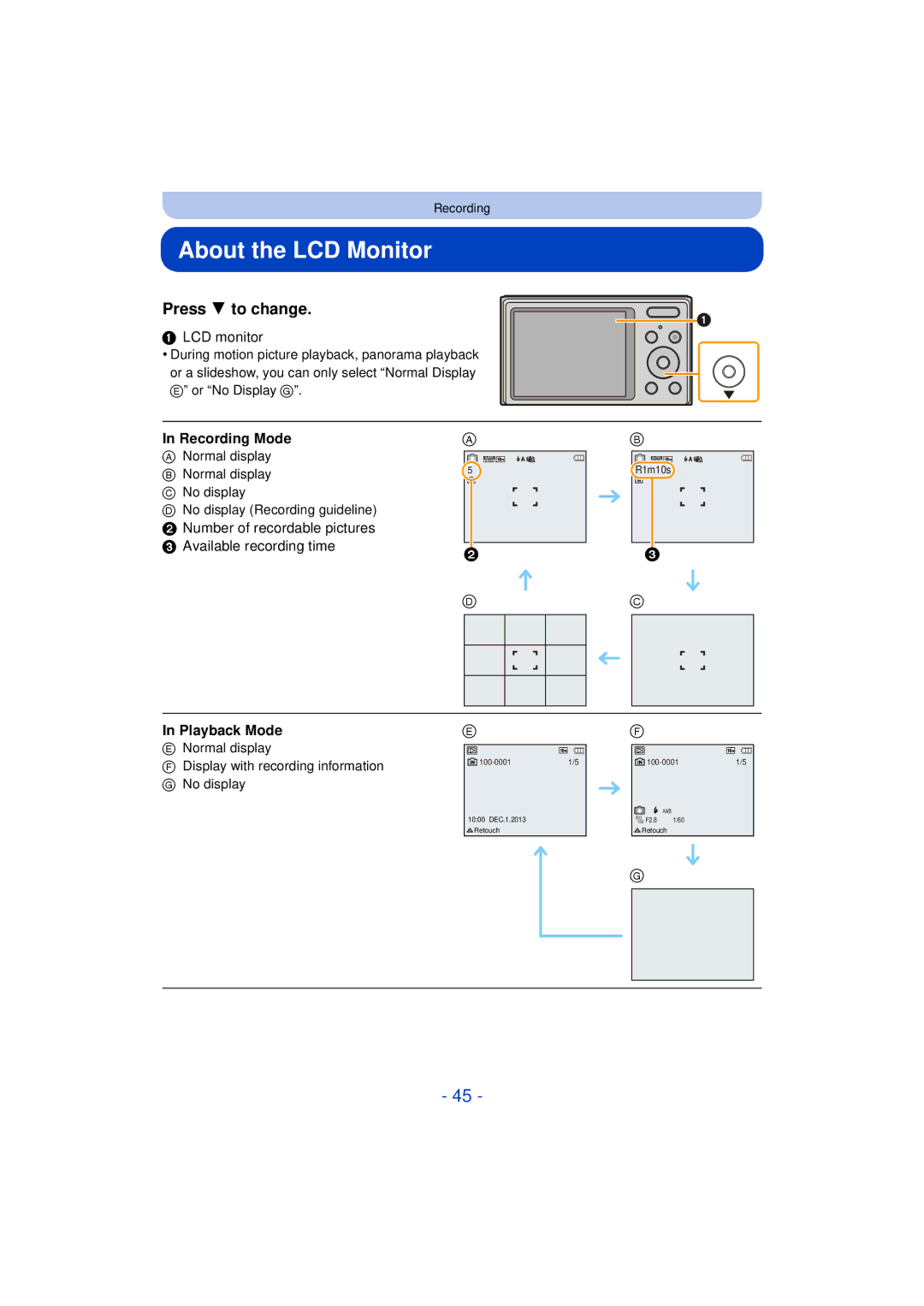 Panasonic DMCXS1R, DMC-XS1, DMCFH10P, DMC-FH10 About the LCD Monitor, Press 4 to change, LCD monitor, Playback Mode 