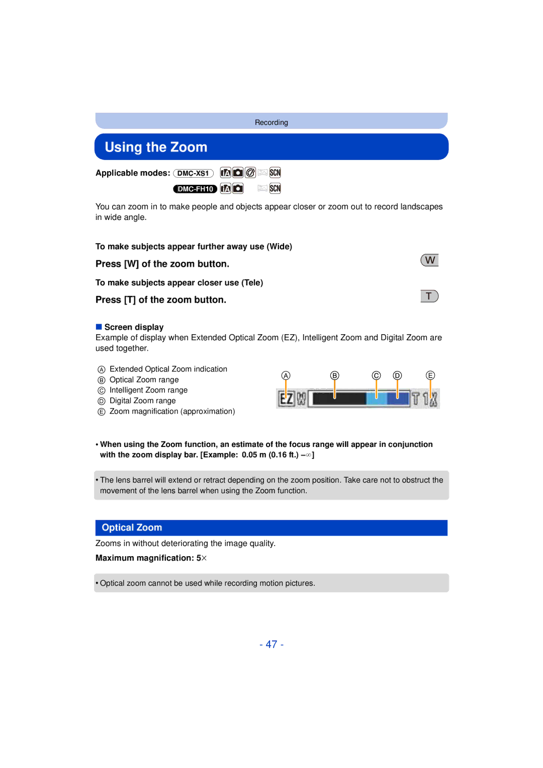 Panasonic DMC-FH10, DMC-XS1, DMCXS1R, DMCFH10P owner manual Using the Zoom, Optical Zoom 