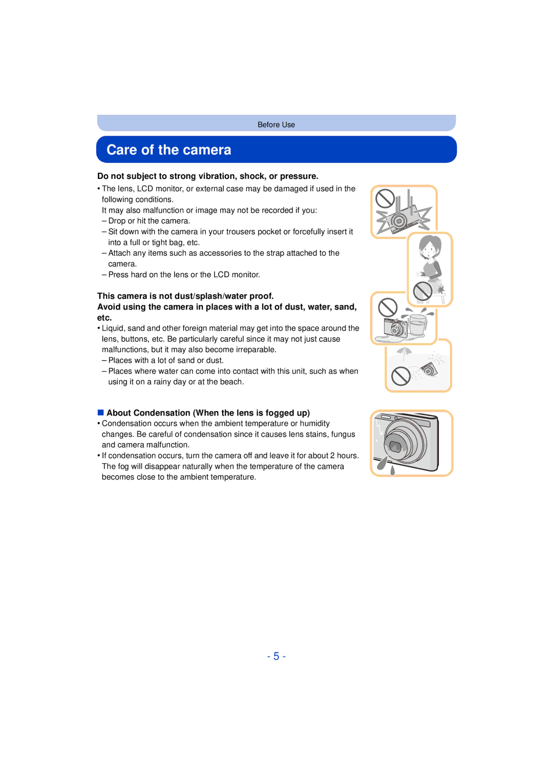 Panasonic DMCXS1R, DMC-XS1, DMCFH10P, DMC-FH10 Care of the camera, Do not subject to strong vibration, shock, or pressure 