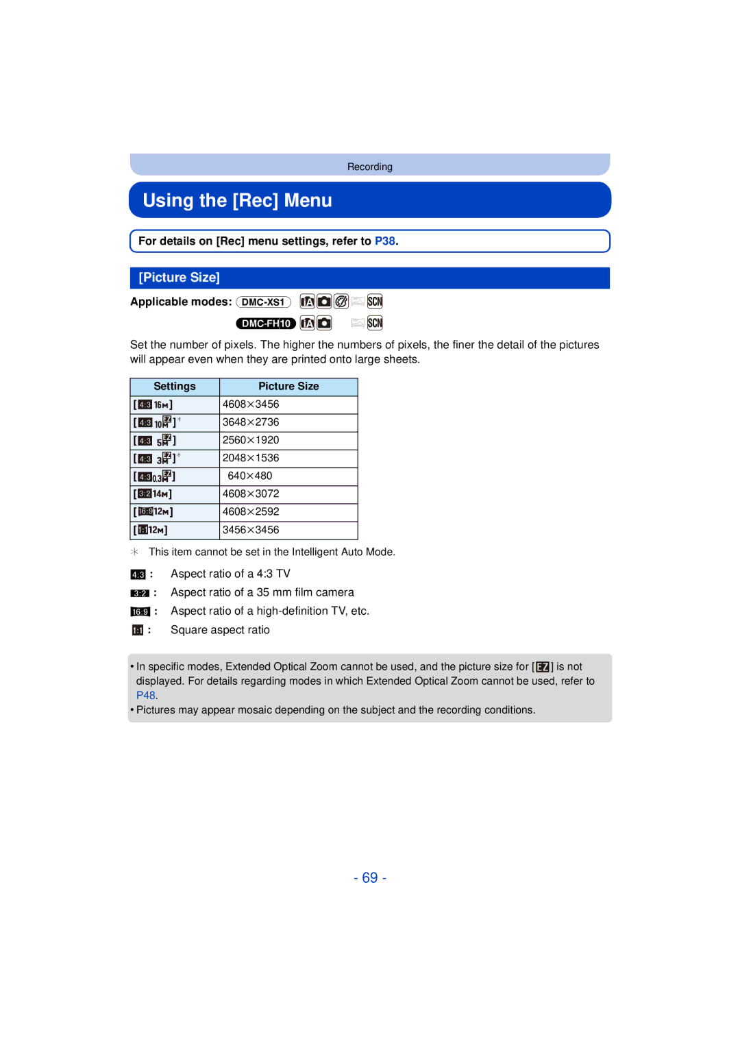 Panasonic DMCXS1R, DMC-XS1, DMCFH10P Using the Rec Menu, Picture Size, For details on Rec menu settings, refer to P38 