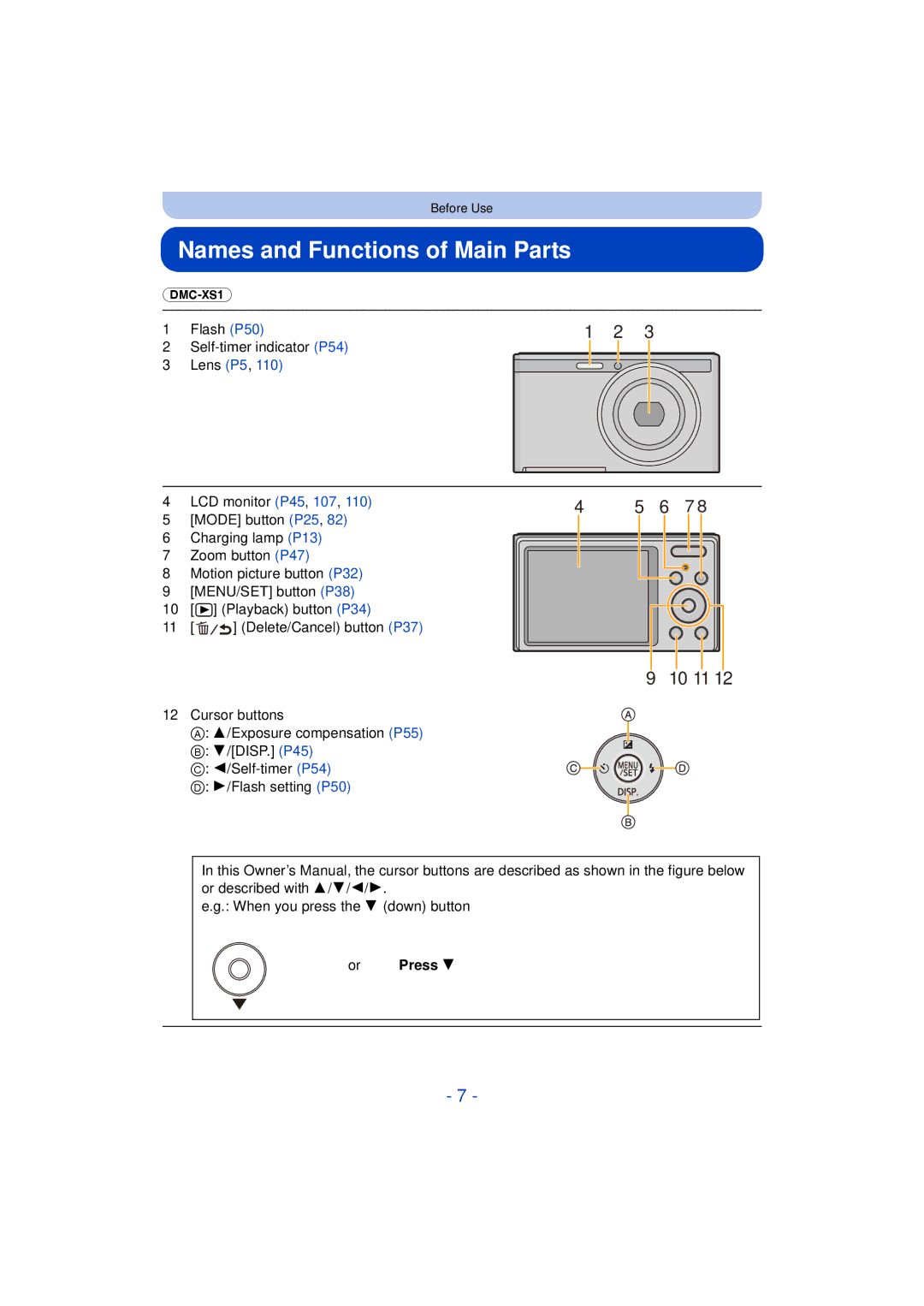 Panasonic DMC-FH10, DMC-XS1, DMCXS1R, DMCFH10P owner manual Names and Functions of Main Parts, Or Press 