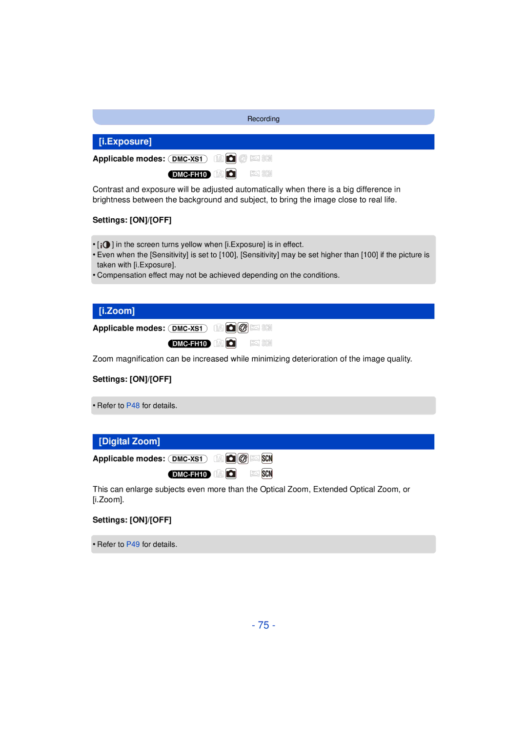 Panasonic DMCXS1R, DMCFH10P owner manual Exposure, Zoom, Settings ON/OFF, Applicable modes DMC-XS1 DMC-FH10 