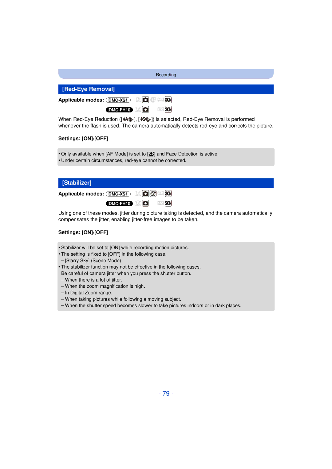 Panasonic DMC-FH10, DMC-XS1, DMCXS1R, DMCFH10P owner manual Red-Eye Removal, Stabilizer 