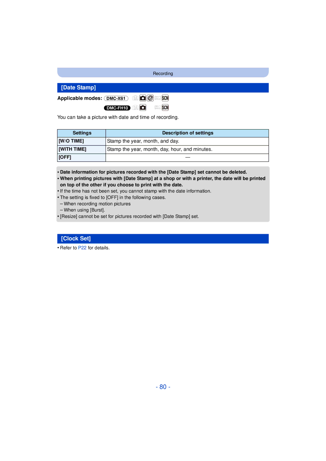 Panasonic DMC-XS1, DMCXS1R, DMCFH10P, DMC-FH10 owner manual Date Stamp, Clock Set, Stamp the year, month, and day, Settings 