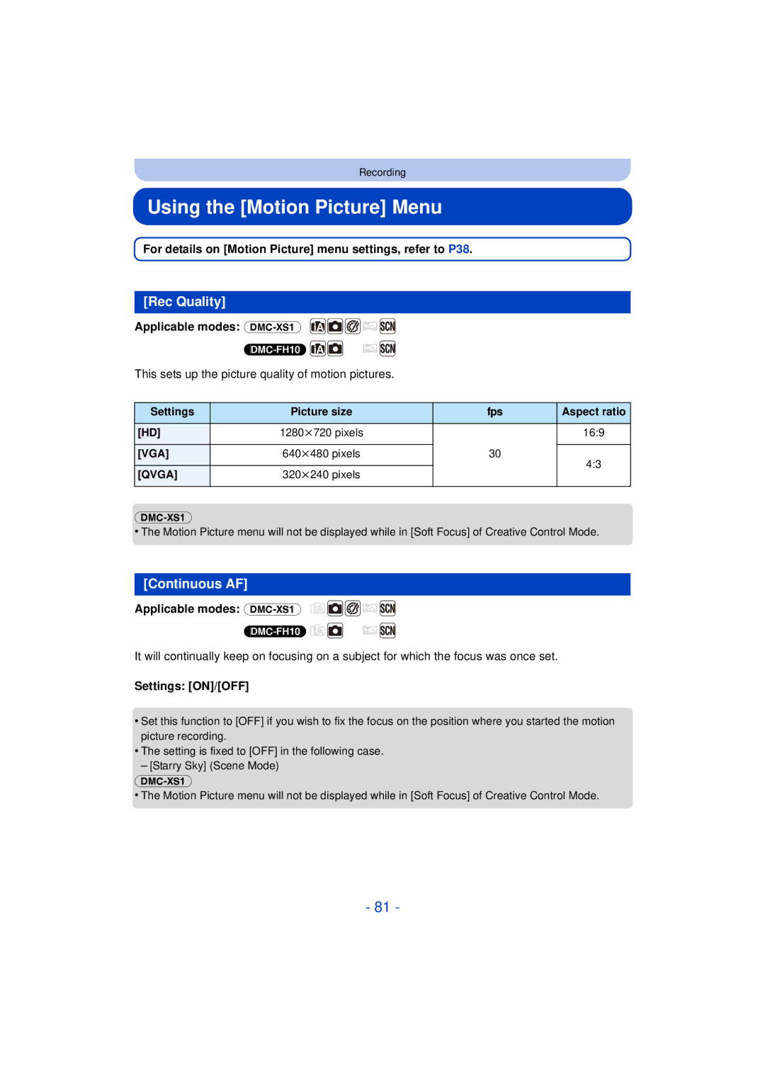 Panasonic DMCXS1R, DMC-XS1, DMCFH10P, DMC-FH10 owner manual Using the Motion Picture Menu, Rec Quality, Continuous AF 