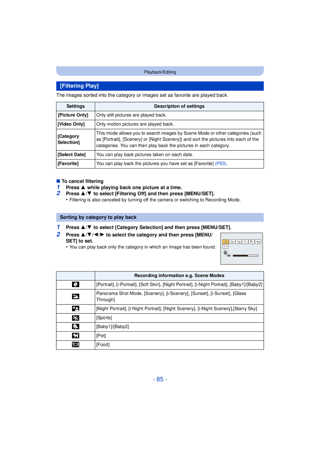 Panasonic DMCXS1R, DMC-XS1, DMCFH10P, DMC-FH10 owner manual Filtering Play, Selection, Recording information e.g. Scene Modes 