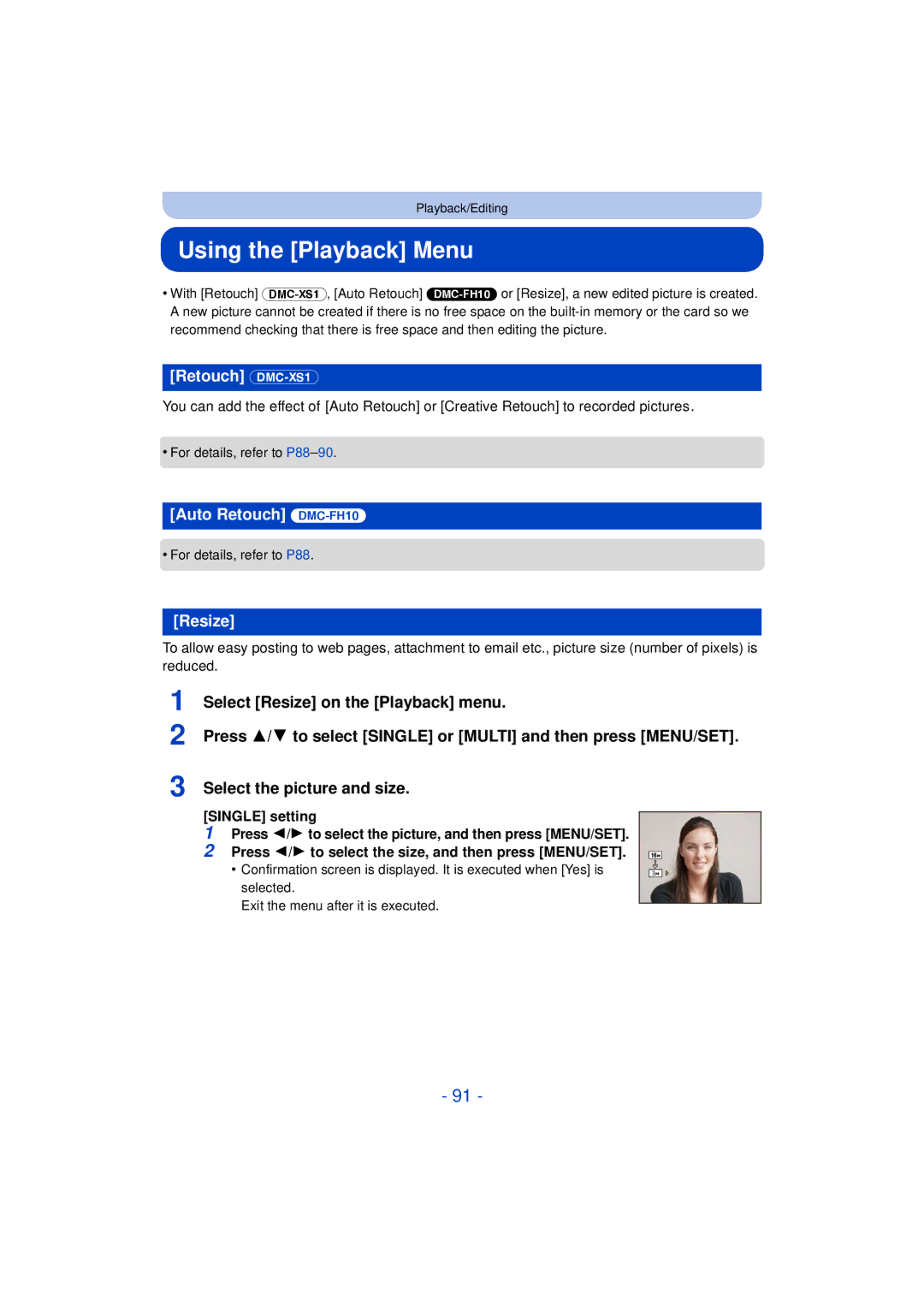 Panasonic DMCXS1R, DMCFH10P owner manual Using the Playback Menu, Retouch DMC-XS1, Auto Retouch DMC-FH10, Resize 