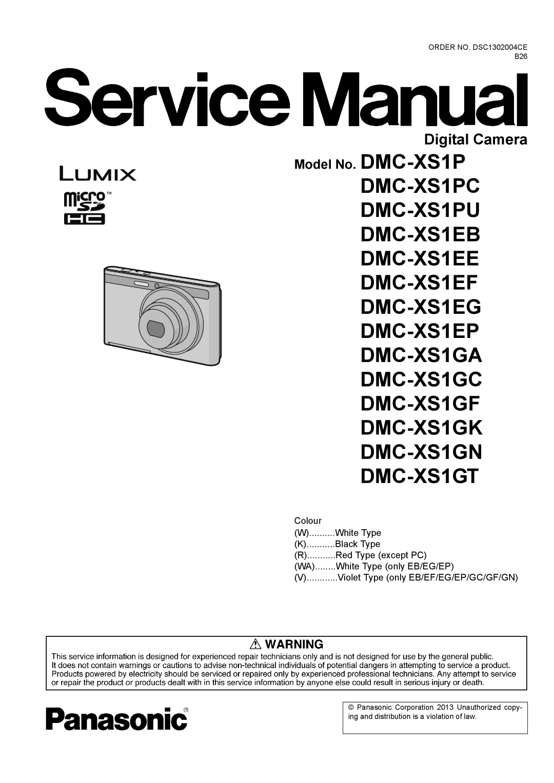 Panasonic DMC-XS1GF, DMC-XS1GN, DMC-XS1GC, DMC-XS1PU, DMC-XS1PC, DMC-XS1EE, DMC-XS1EG, DMC-XS1EF manual Model No. DMC-XS1P 