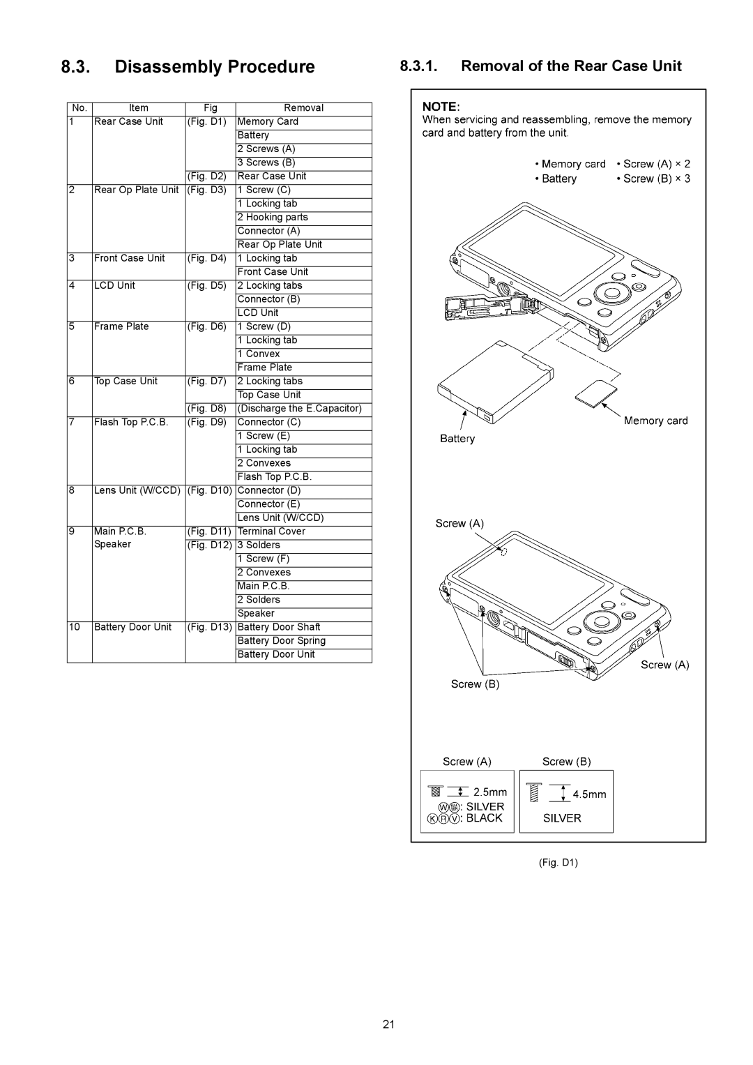 Panasonic DMC-XS1EG, DMC-XS1GN, DMC-XS1GF, DMC-XS1GC, DMC-XS1PU, DMCXS1K Disassembly Procedure, Removal of the Rear Case Unit 