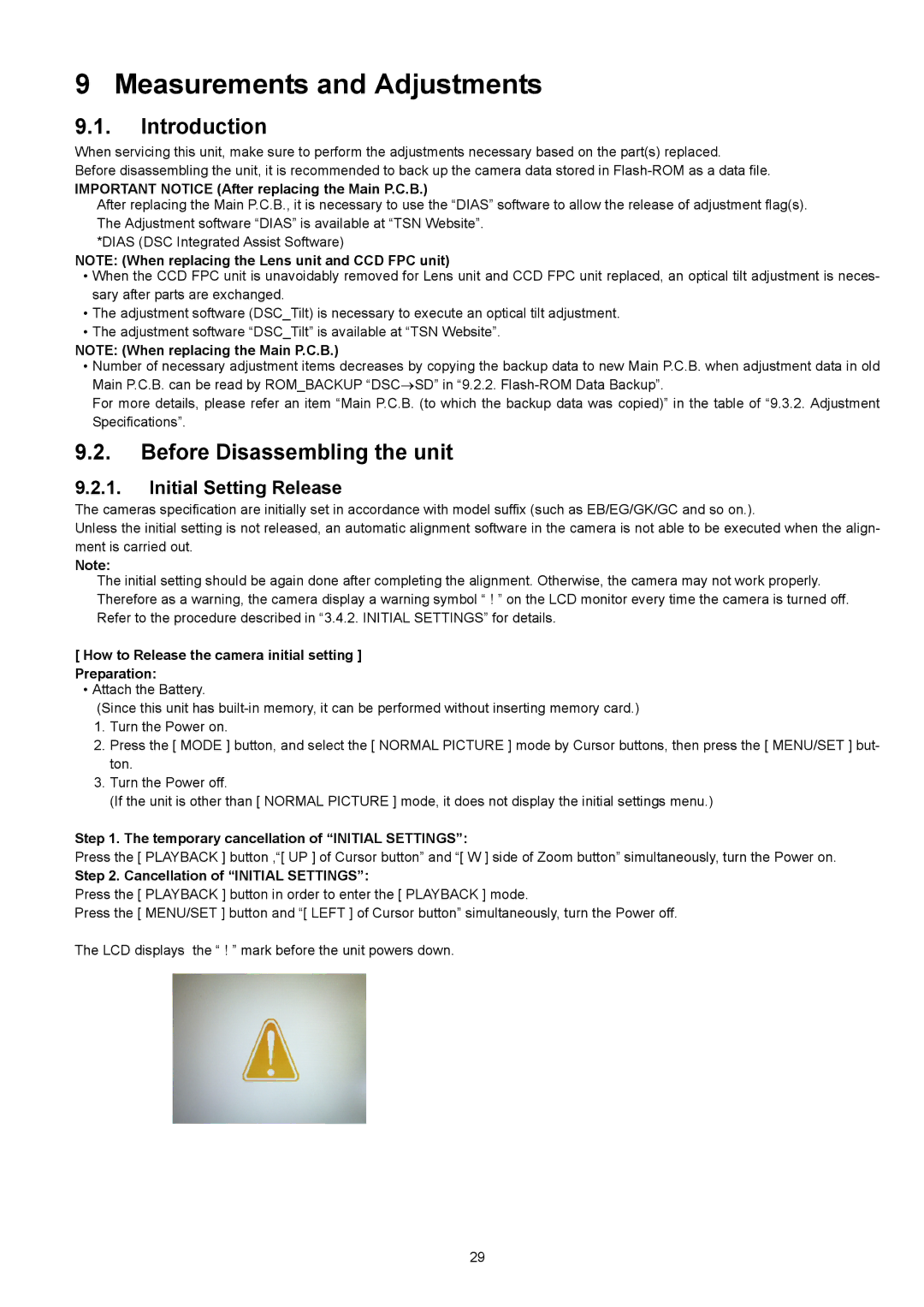 Panasonic DMCXS1K manual Measurements and Adjustments, Introduction, Before Disassembling the unit, Initial Setting Release 