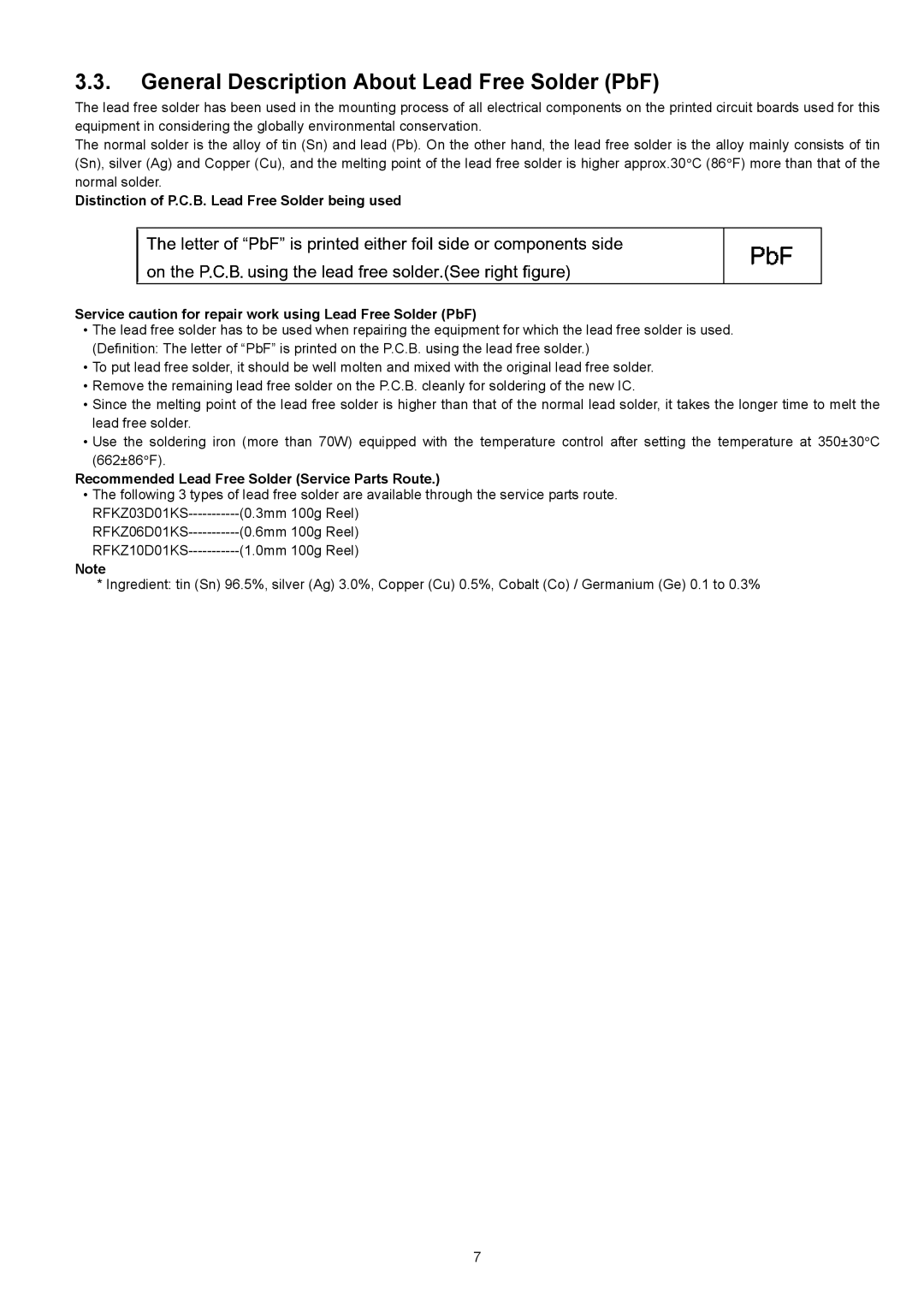 Panasonic DMC-XS1P manual General Description About Lead Free Solder PbF, Recommended Lead Free Solder Service Parts Route 