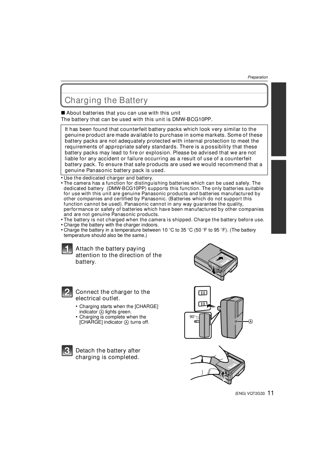 Panasonic DMC-ZR1 operating instructions Charging the Battery, Detach the battery after charging is completed 