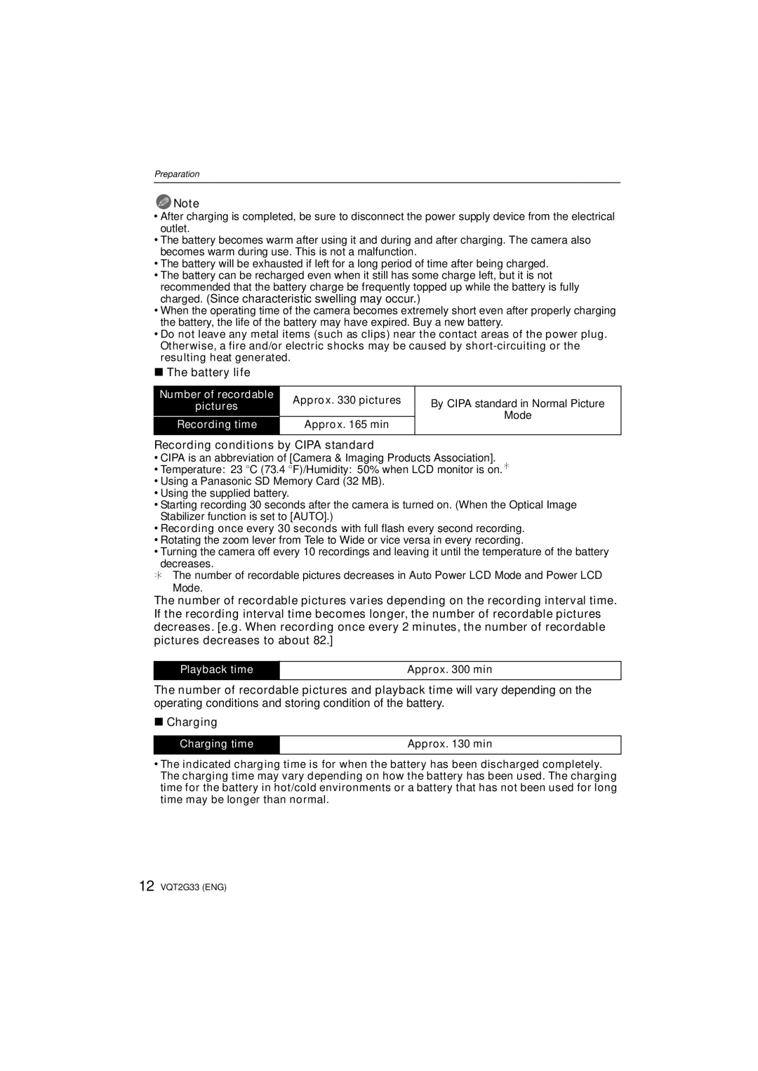 Panasonic DMC-ZR1 operating instructions Battery life, Recording conditions by Cipa standard 