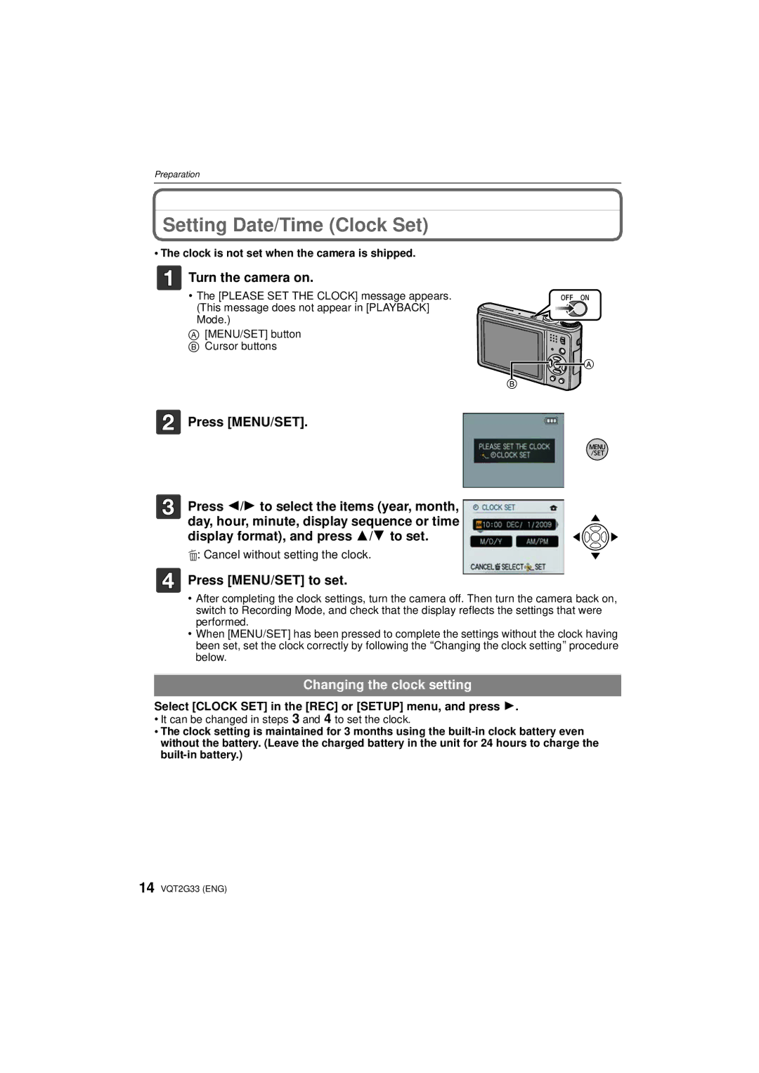 Panasonic DMC-ZR1 Setting Date/Time Clock Set, Turn the camera on, Press MENU/SET to set, Changing the clock setting 