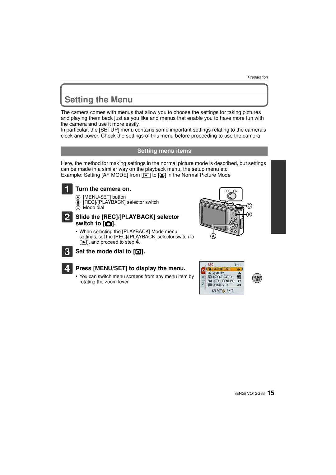 Panasonic DMC-ZR1 operating instructions Setting the Menu, Setting menu items, Slide the REC/PLAYBACK selector switch to 