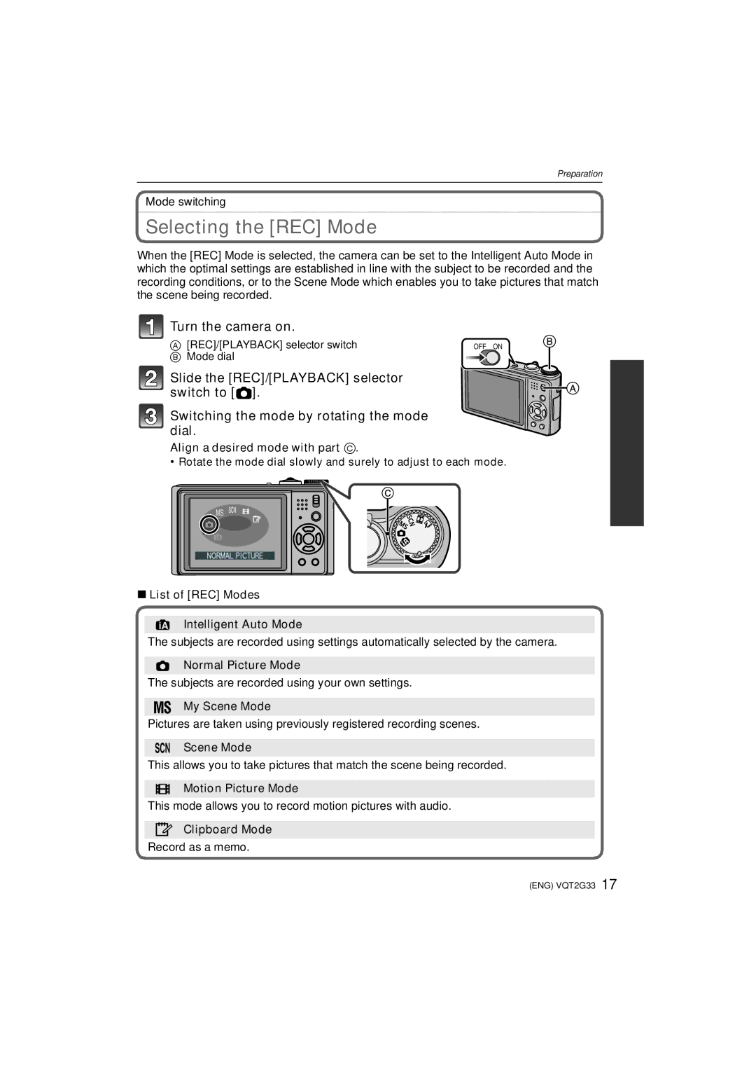 Panasonic DMC-ZR1 operating instructions Selecting the REC Mode 