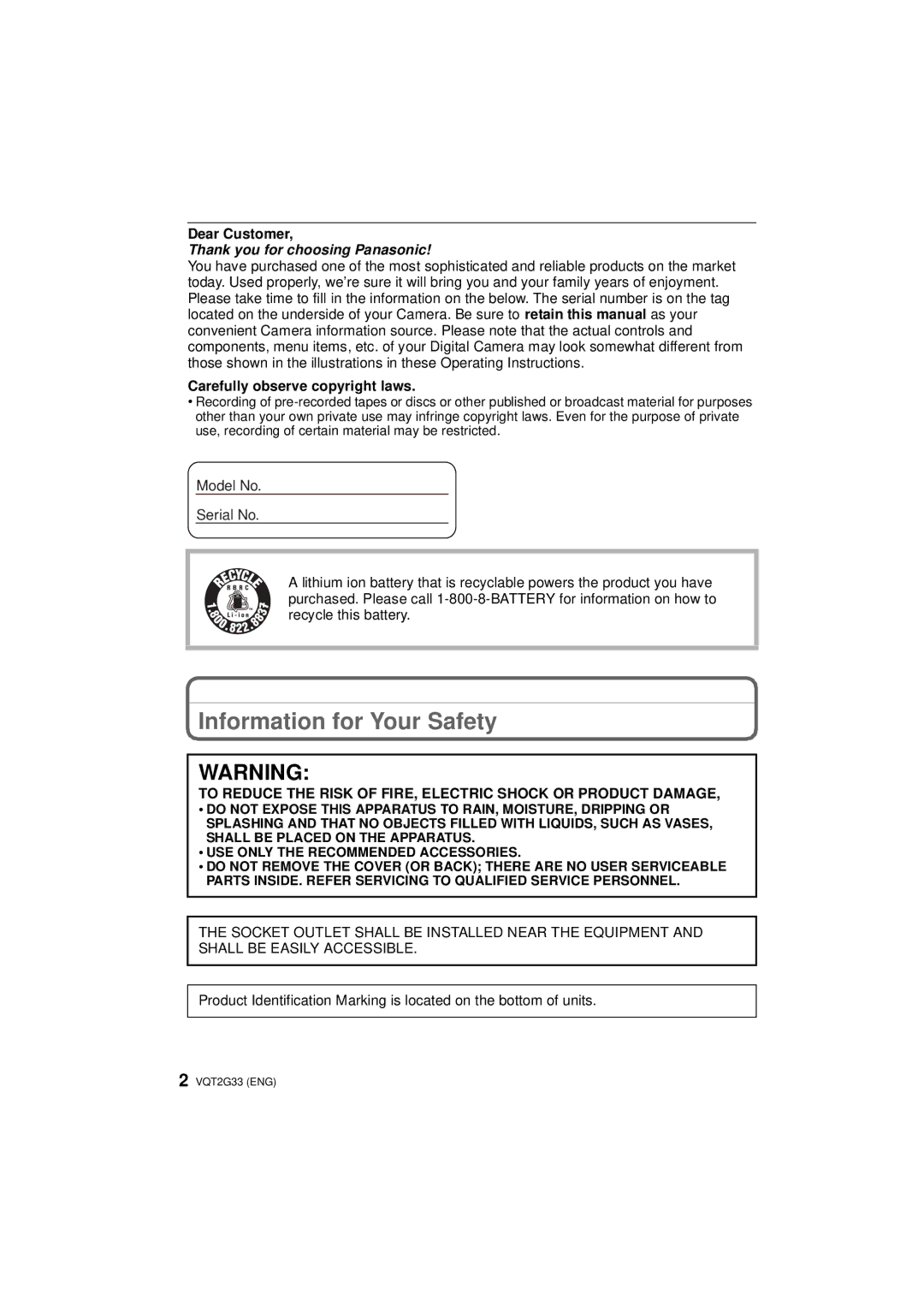 Panasonic DMC-ZR1 operating instructions Information for Your Safety, Dear Customer, Carefully observe copyright laws 