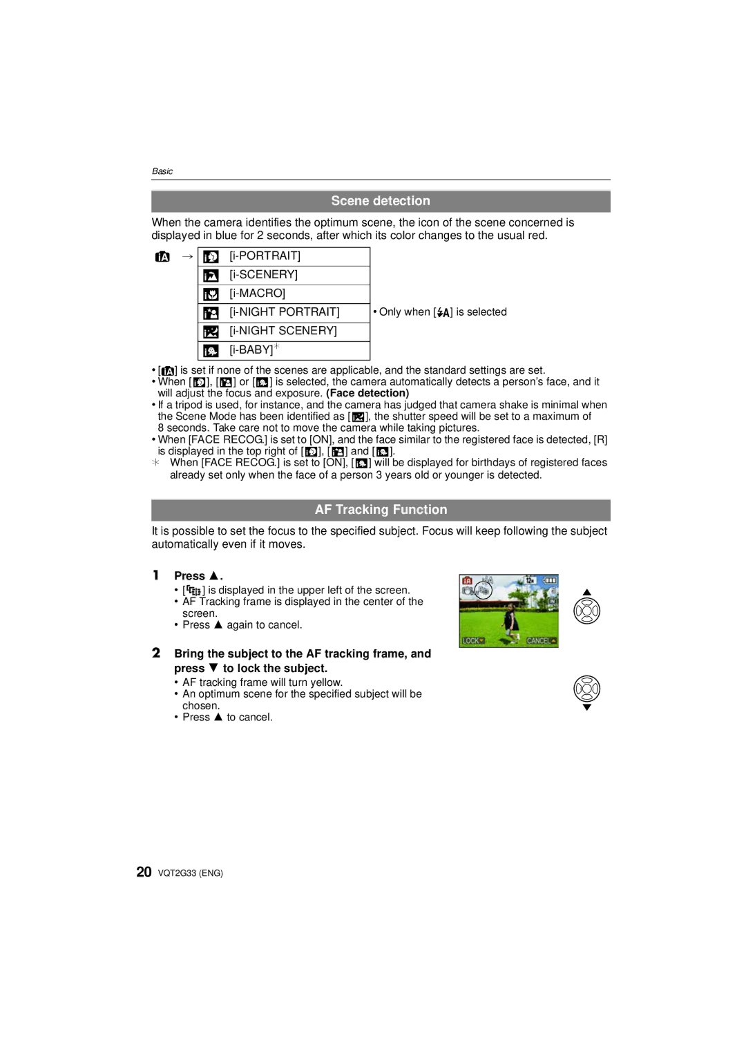 Panasonic DMC-ZR1 operating instructions Scene detection, AF Tracking Function 