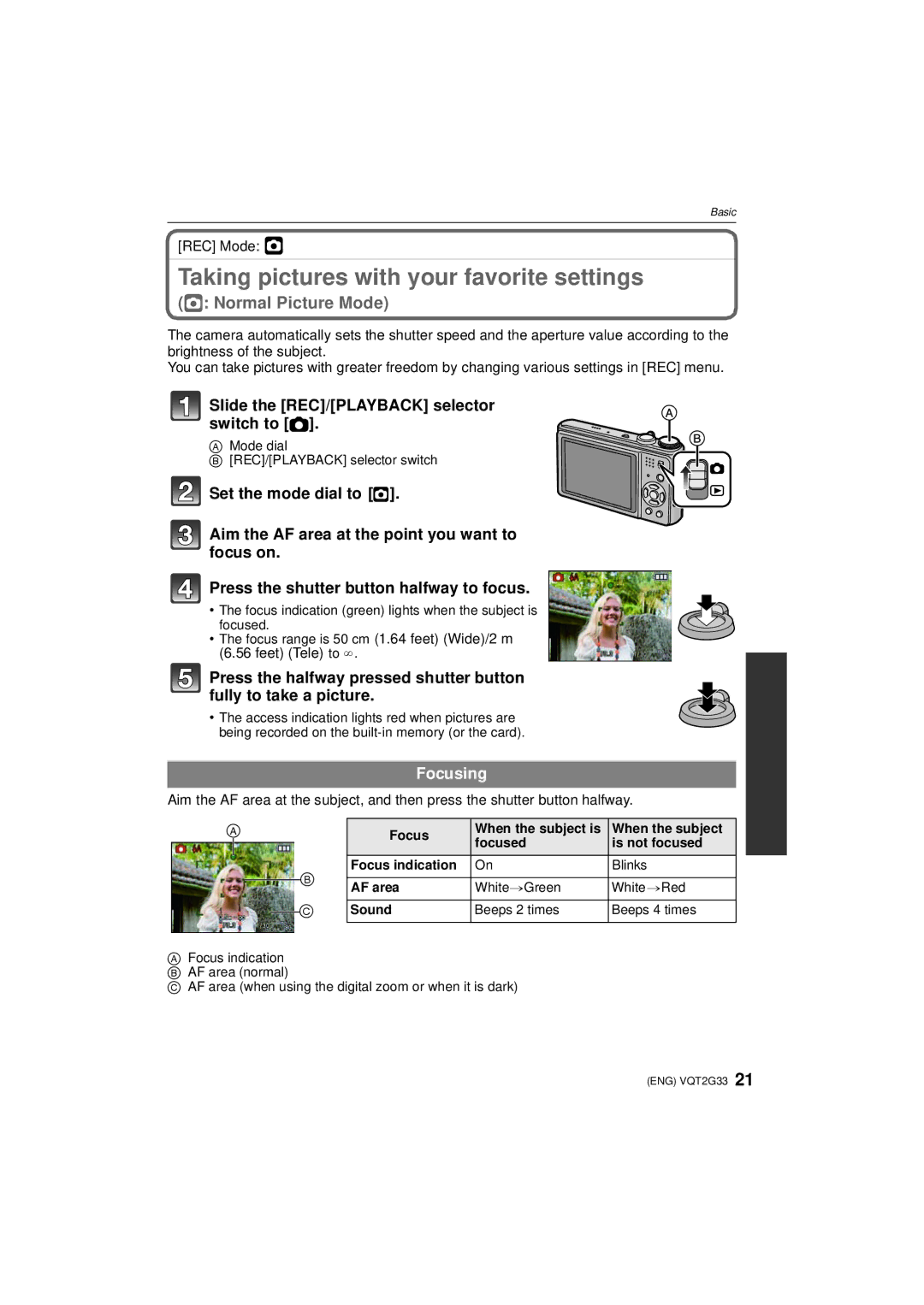 Panasonic DMC-ZR1 operating instructions Taking pictures with your favorite settings, Focusing, REC Mode · 