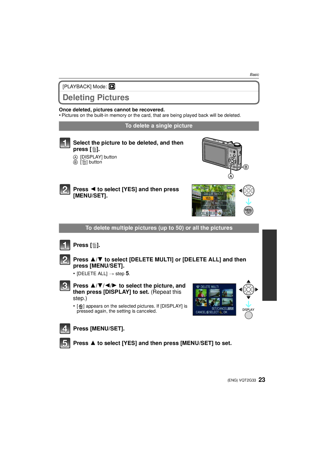 Panasonic DMC-ZR1 Deleting Pictures, To delete a single picture, Select the picture to be deleted, and then press ‚ 