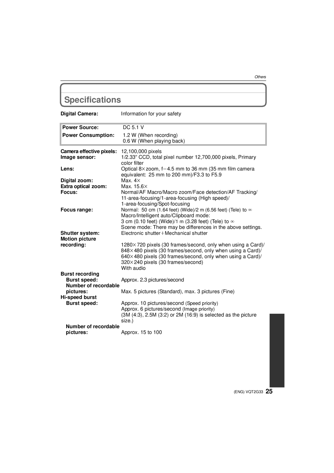 Panasonic DMC-ZR1 operating instructions Specifications 