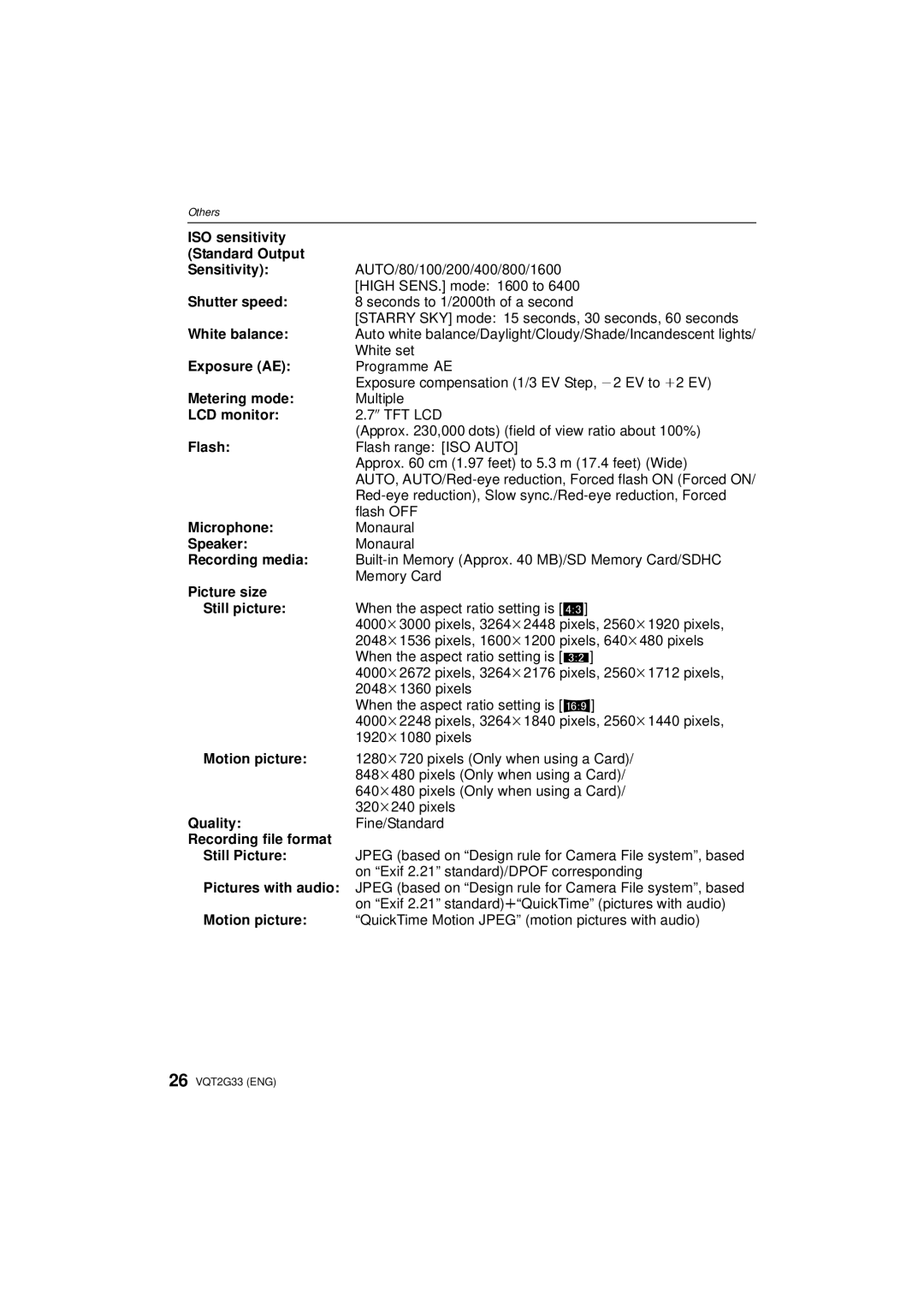 Panasonic DMC-ZR1 ISO sensitivity Standard Output Sensitivity, Shutter speed, White balance, Exposure AE, Metering mode 