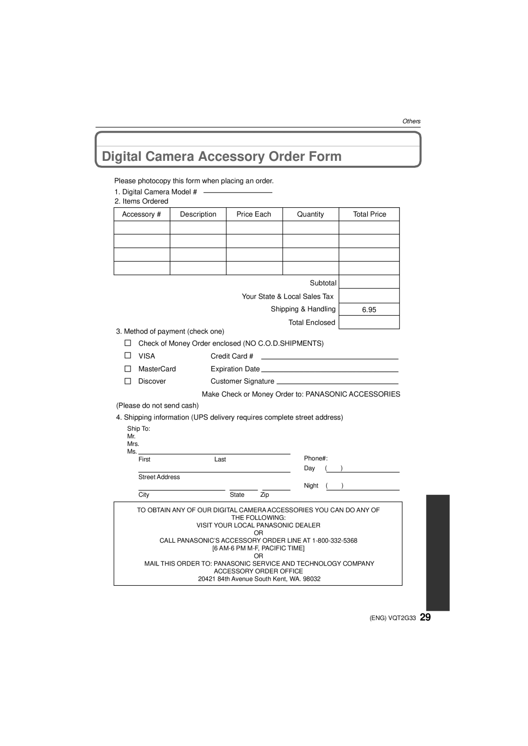 Panasonic DMC-ZR1 operating instructions Digital Camera Accessory Order Form, Visa 