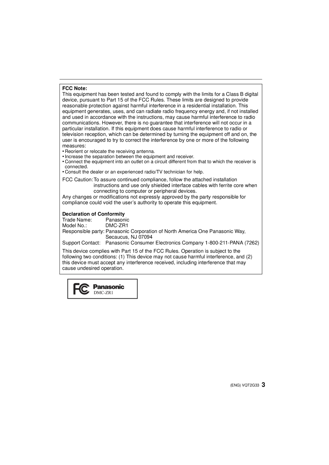 Panasonic DMC-ZR1 FCC Note, Declaration of Conformity, Trade Name Panasonic Model No, Secaucus, NJ, Support Contact 