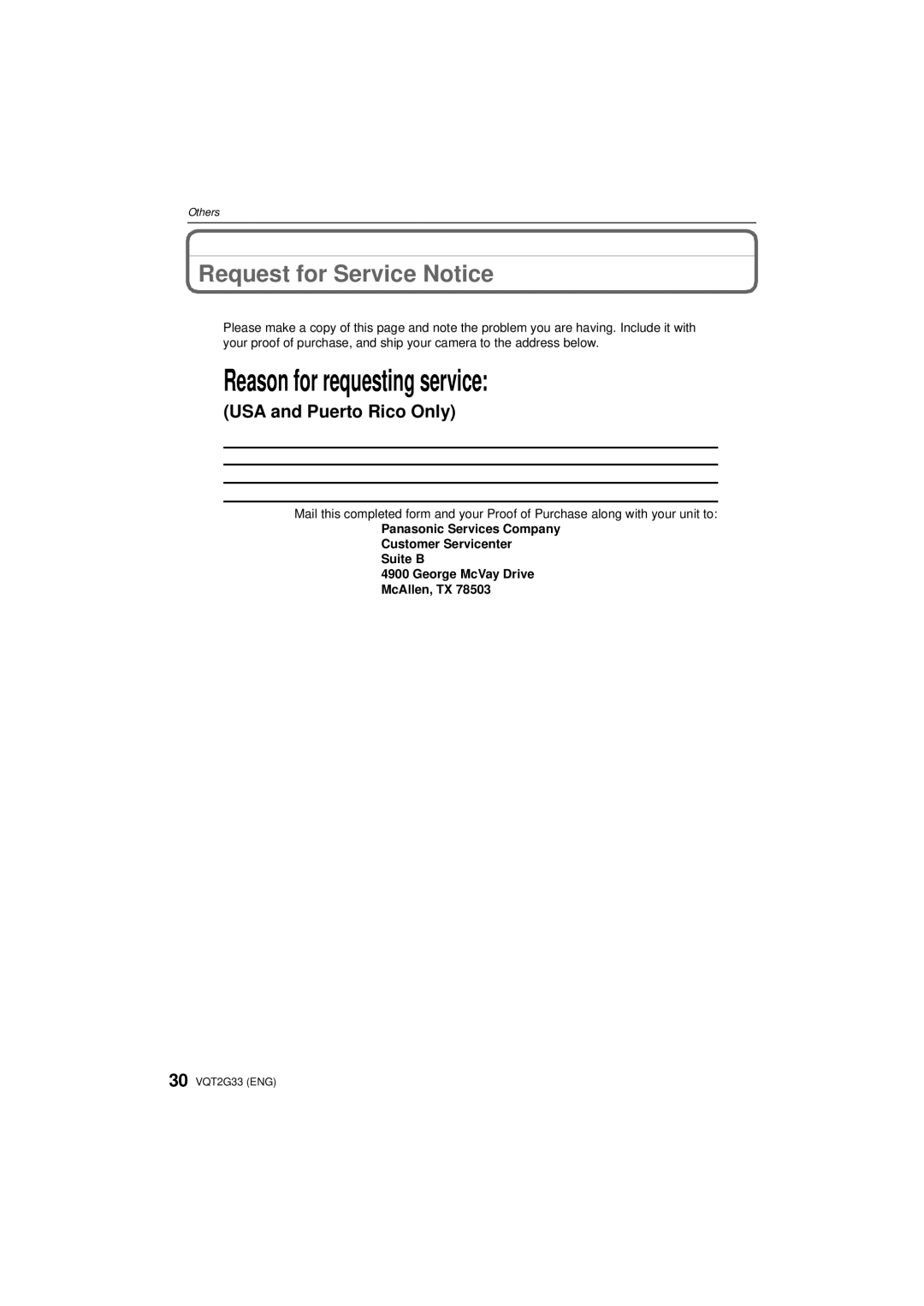 Panasonic DMC-ZR1 operating instructions Reason for requesting service, Request for Service Notice 