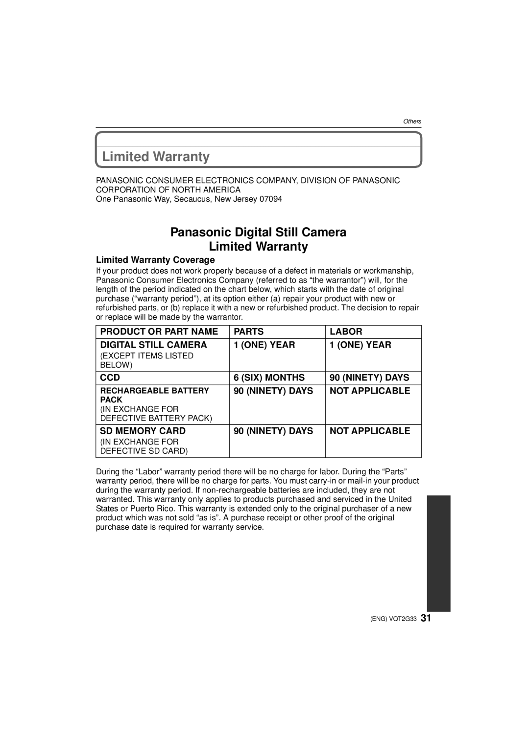 Panasonic DMC-ZR1 operating instructions Limited Warranty, One Panasonic Way, Secaucus, New Jersey 