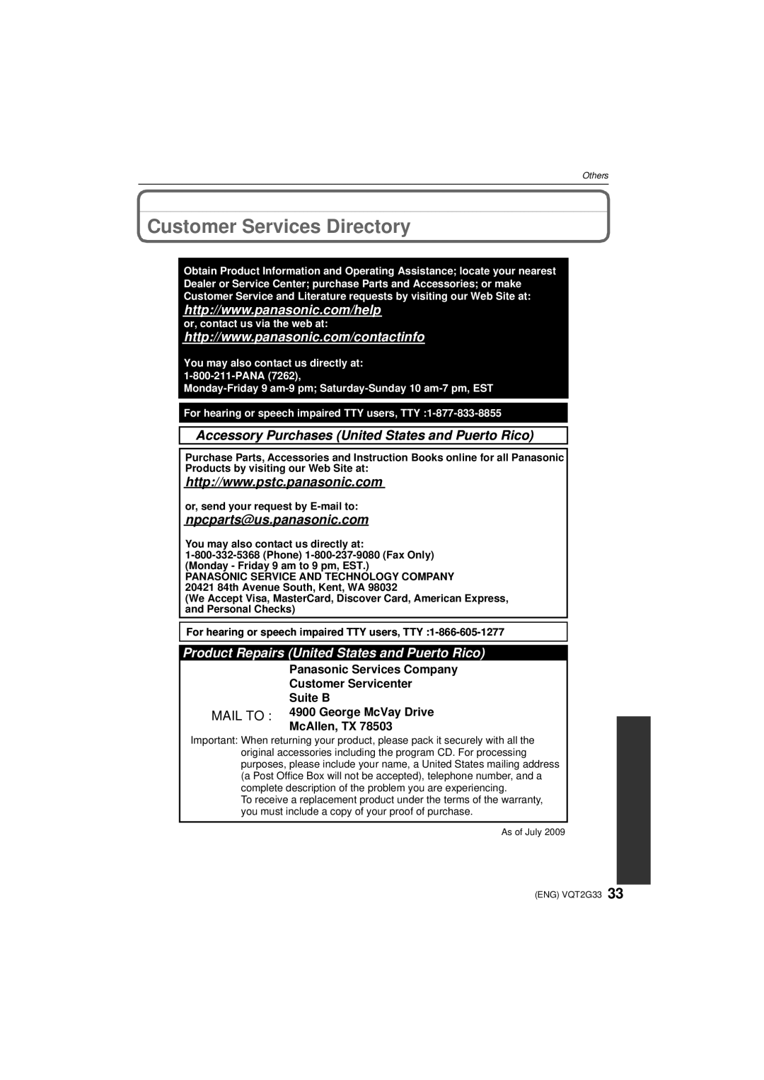 Panasonic DMC-ZR1 operating instructions Customer Services Directory, Accessory Purchases United States and Puerto Rico 