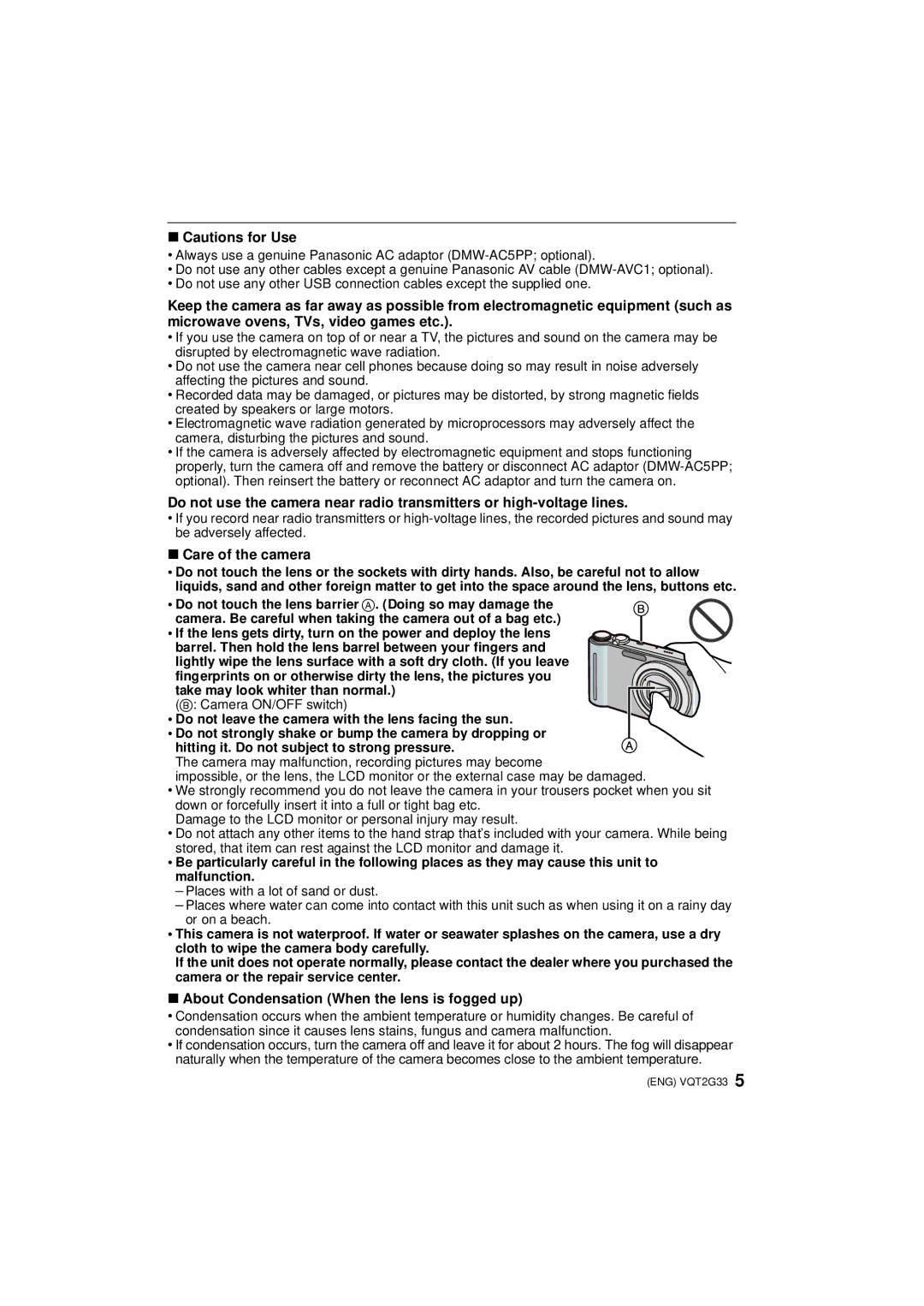 Panasonic DMC-ZR1 operating instructions Care of the camera, About Condensation When the lens is fogged up 