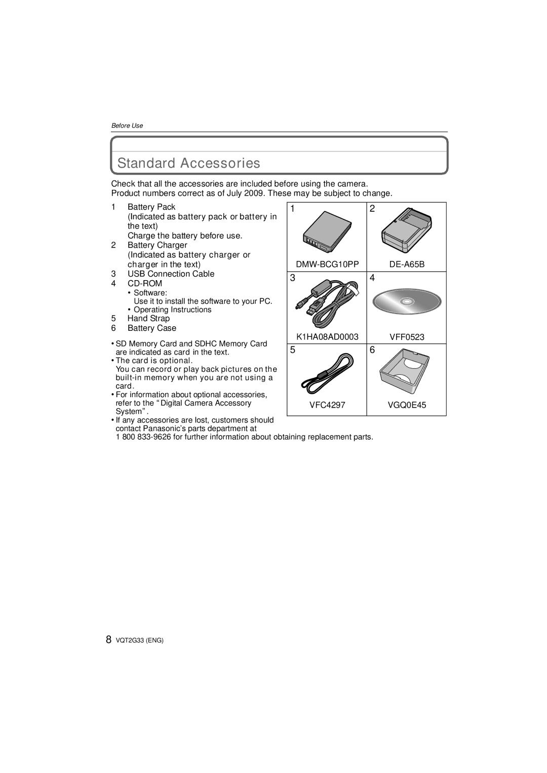 Panasonic DMC-ZR1 operating instructions Standard Accessories 