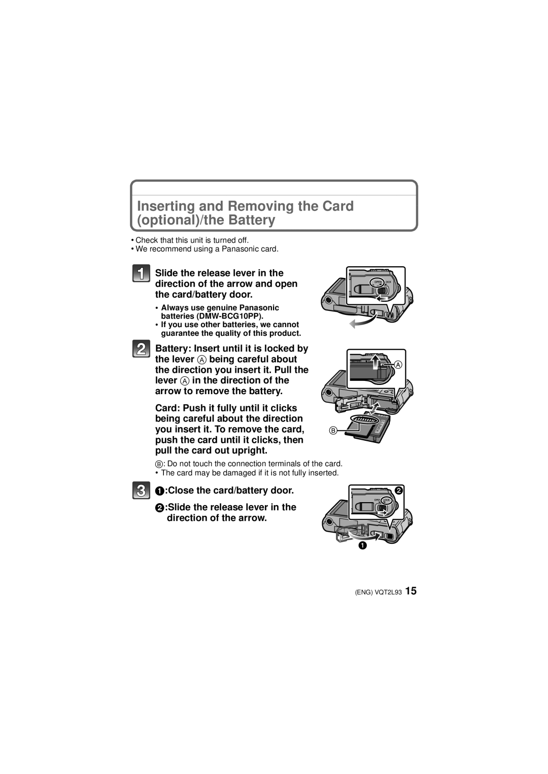 Panasonic DMC-ZR3K, DMCZR3S operating instructions Inserting and Removing the Card optional/the Battery 