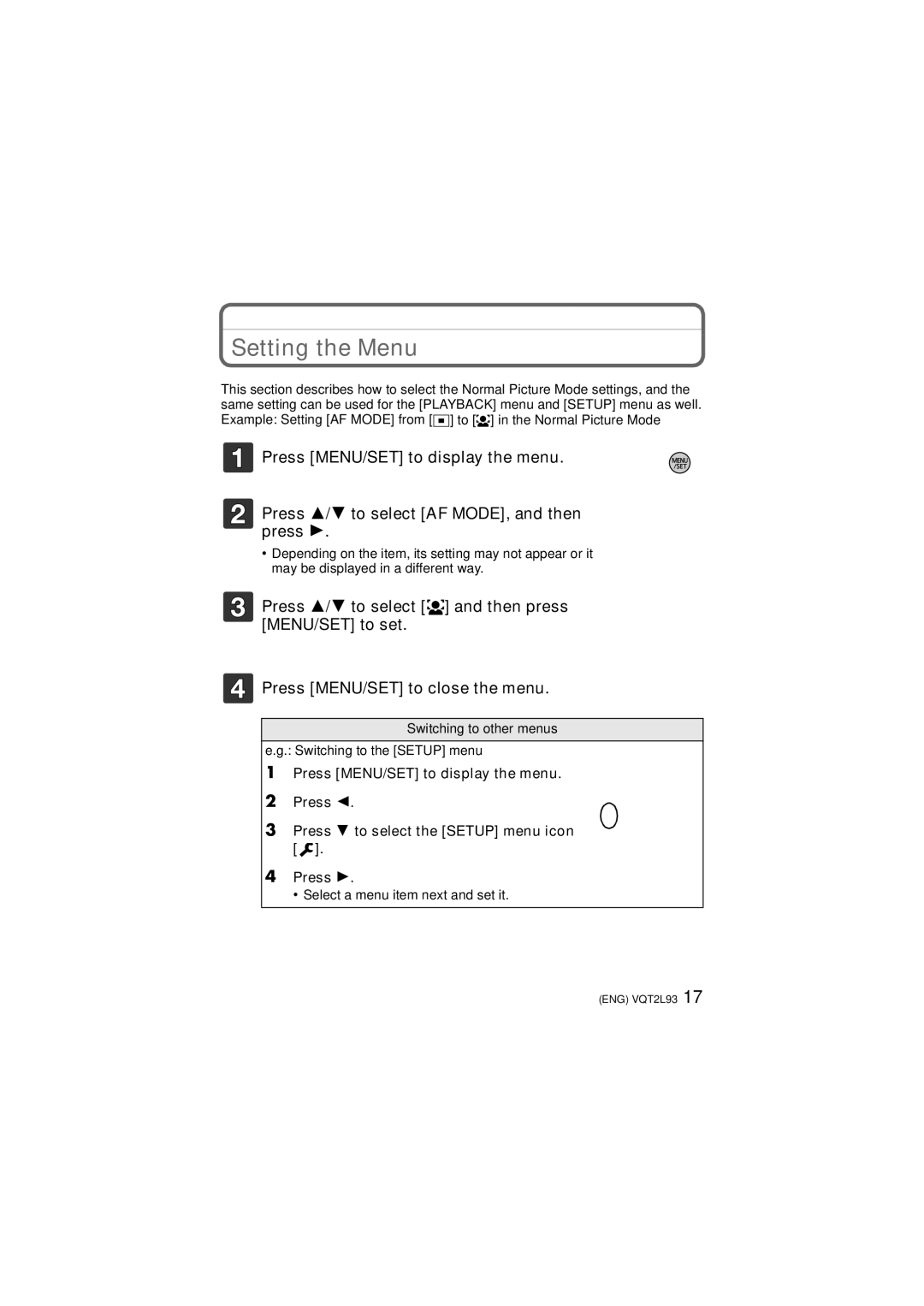 Panasonic DMCZR3S, DMC-ZR3K operating instructions Setting the Menu 