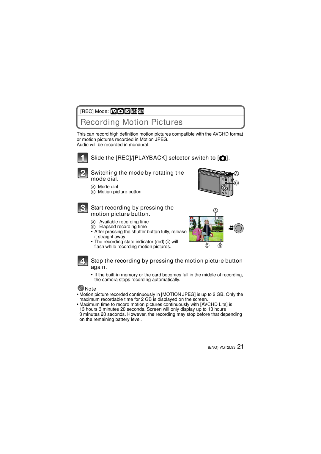 Panasonic DMC-ZR3K, DMCZR3S Recording Motion Pictures, Start recording by pressing the motion picture button 