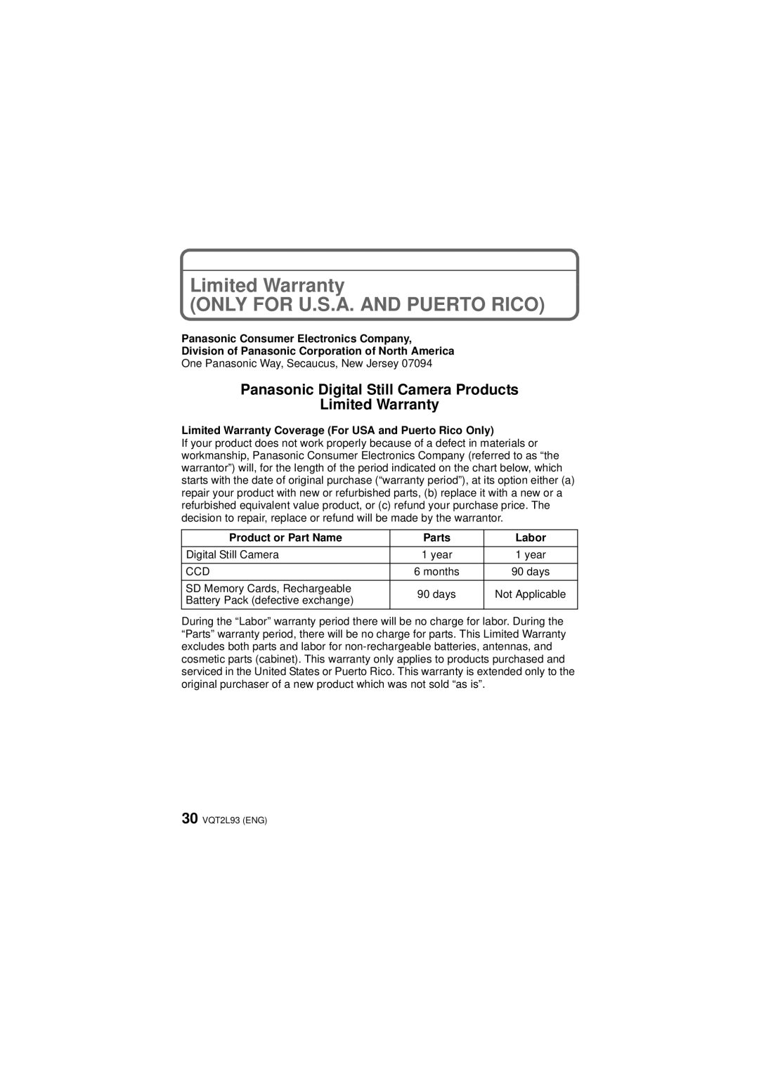 Panasonic DMC-ZR3K, DMCZR3S Limited Warranty Coverage For USA and Puerto Rico Only, Product or Part Name Parts Labor 