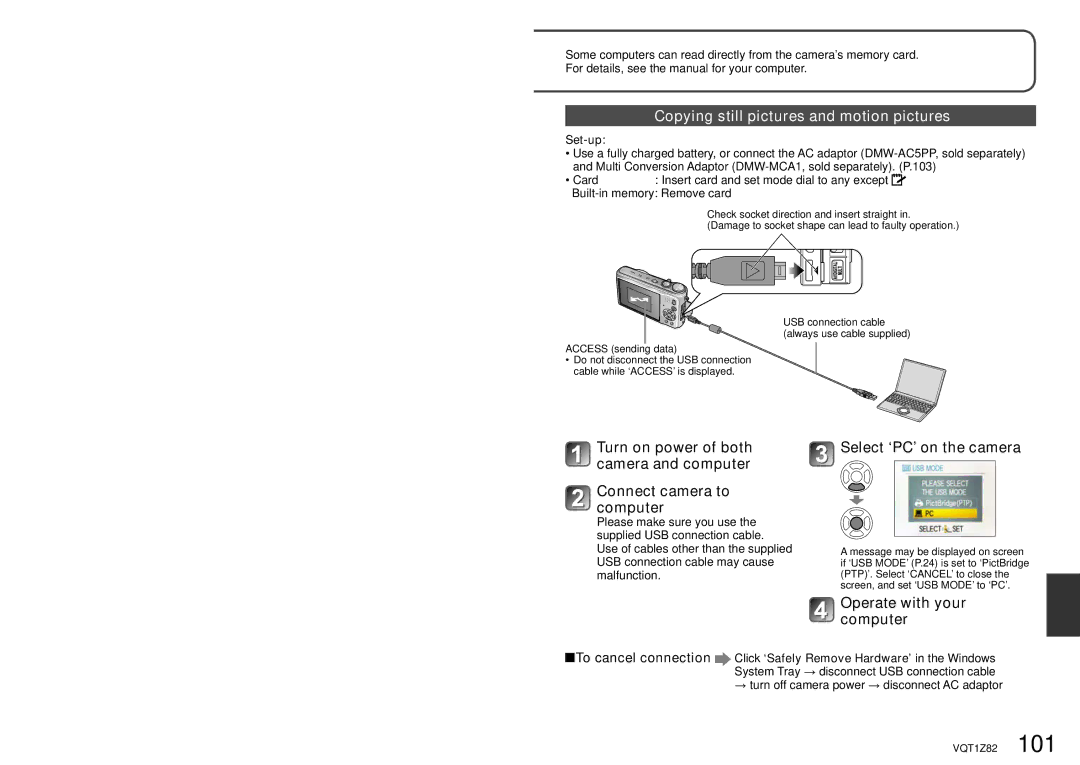 Panasonic DMC-ZS1K Copying still pictures and motion pictures, Select ‘PC’ on the camera, Operate with your computer 