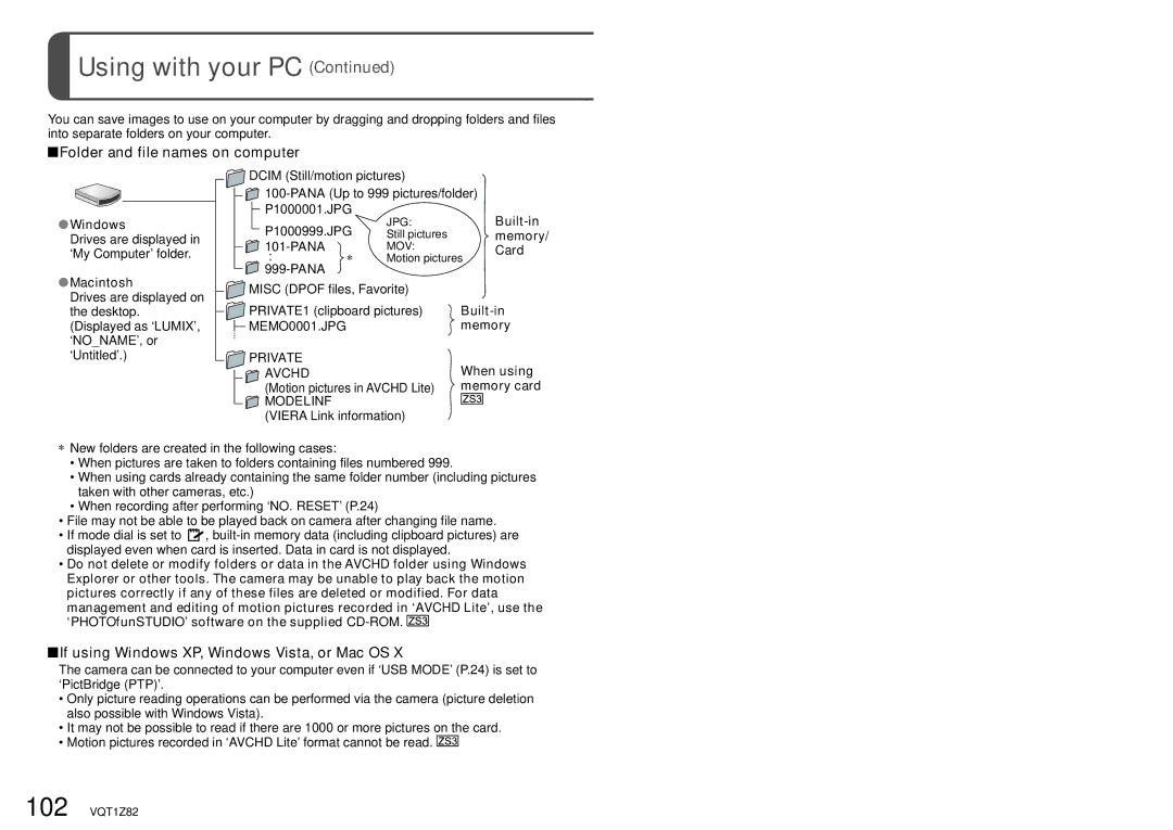 Panasonic DMC-ZS1 Folder and file names on computer, If using Windows XP, Windows Vista, or Mac OS, Private Avchd 