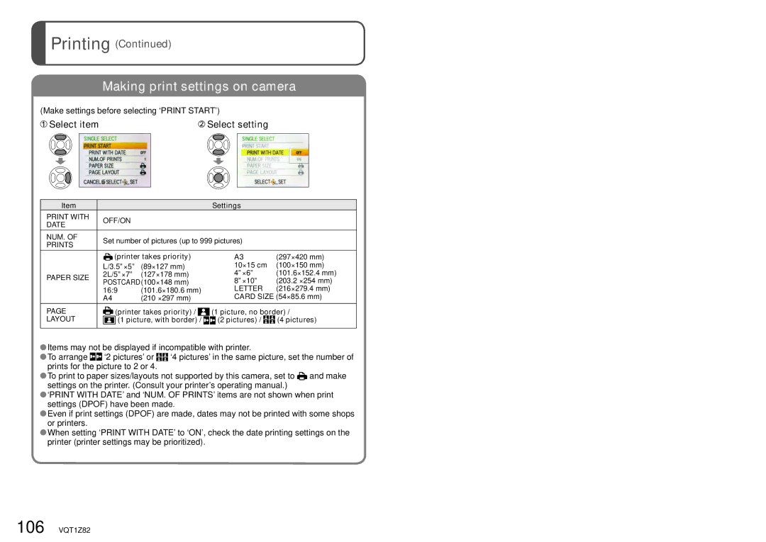 Panasonic DMC-ZS1K Select item Select setting, Make settings before selecting ‘PRINT START’, Letter 