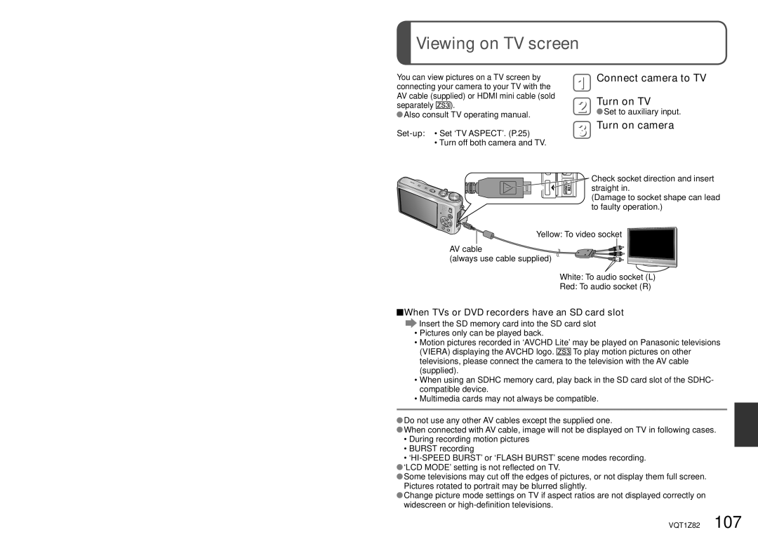 Panasonic DMC-ZS1K Viewing on TV screen, Connect camera to TV Turn on TV, Turn on camera, Set to auxiliary input 