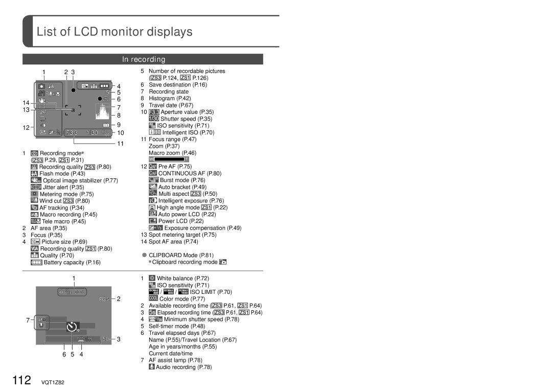 Panasonic DMC-ZS1K operating instructions List of LCD monitor displays, Recording 