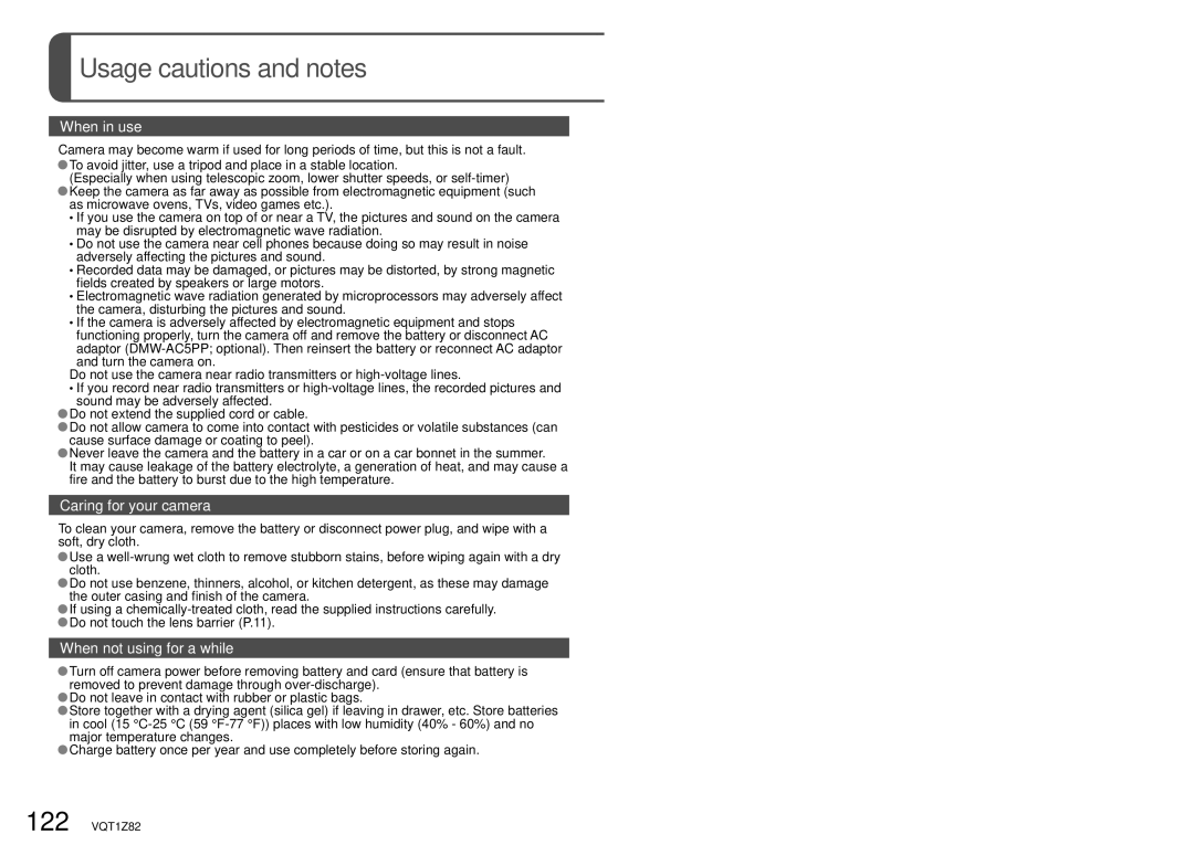 Panasonic DMC-ZS1K operating instructions Usage cautions and notes, When in use 