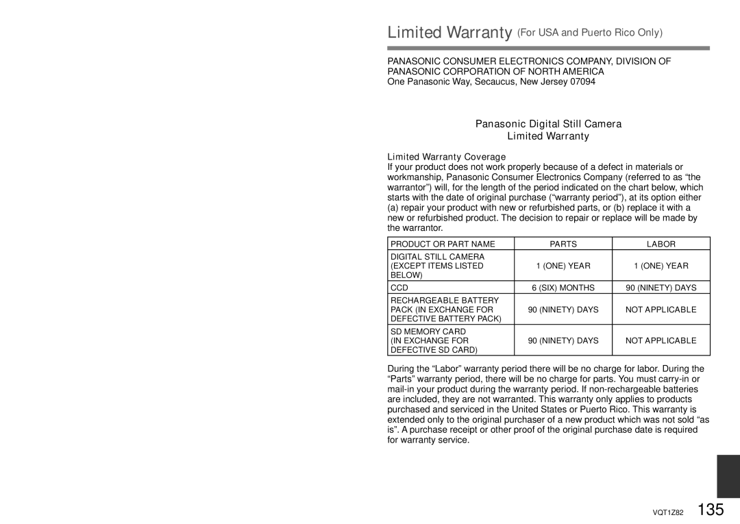 Panasonic DMC-ZS1K operating instructions Panasonic Digital Still Camera Limited Warranty, Limited Warranty Coverage 