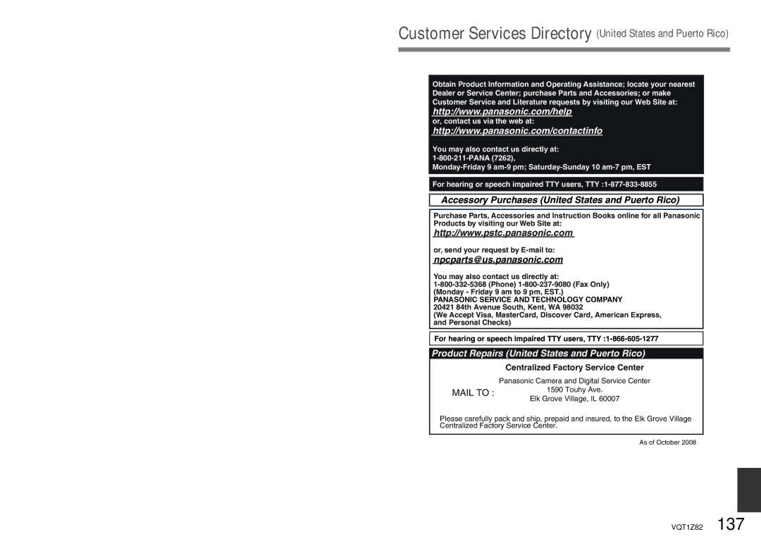 Panasonic DMC-ZS1K Customer Services Directory United States and Puerto Rico, Centralized Factory Service Center 