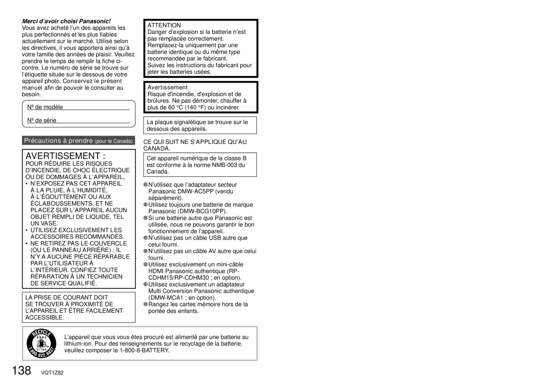 Panasonic DMC-ZS1K Nº de modèle Nº de série, Avertissement, CE QUI Suit NE S’APPLIQUE QU’AU Canada 