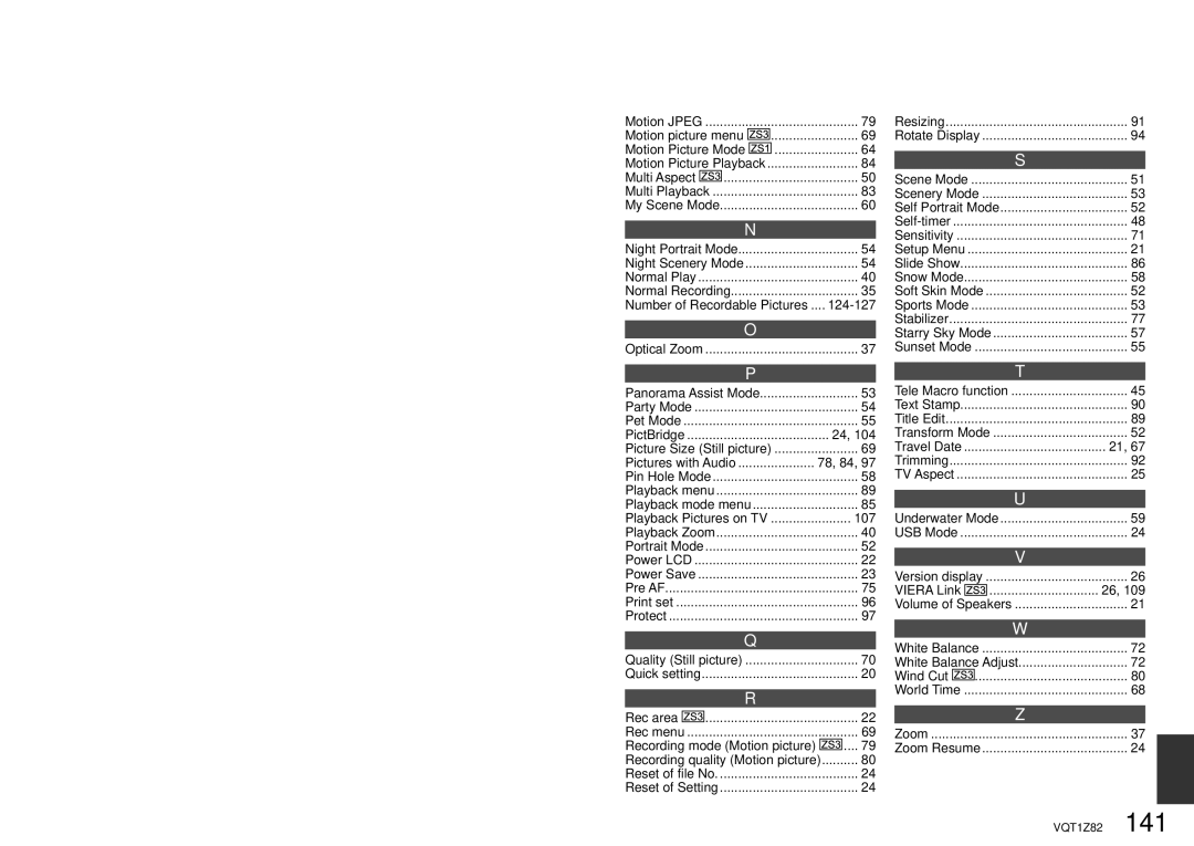 Panasonic DMC-ZS1K operating instructions 124-127, 107, Recording mode Motion picture, Viera Link 